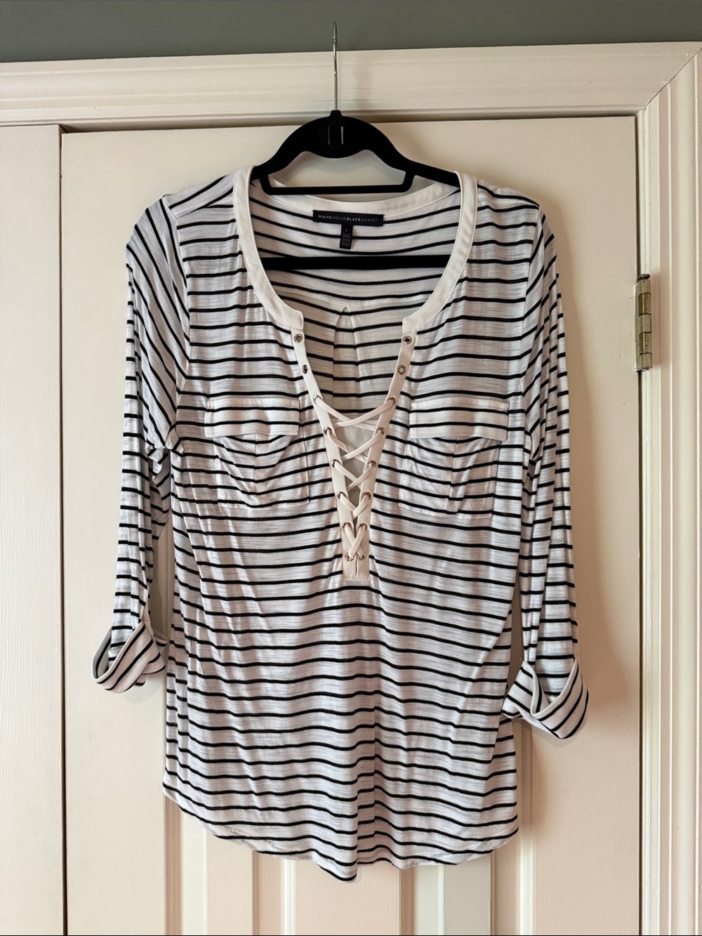 White House Black Market Black and White Striped Lace-Up Henley Top